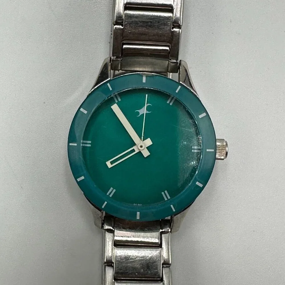 3/$30 Fastrack Watch Women Silver Tone Green Dial Stainless Steel 34MM